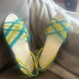 CROCS White Sandals with Blue and Yellow Straps
